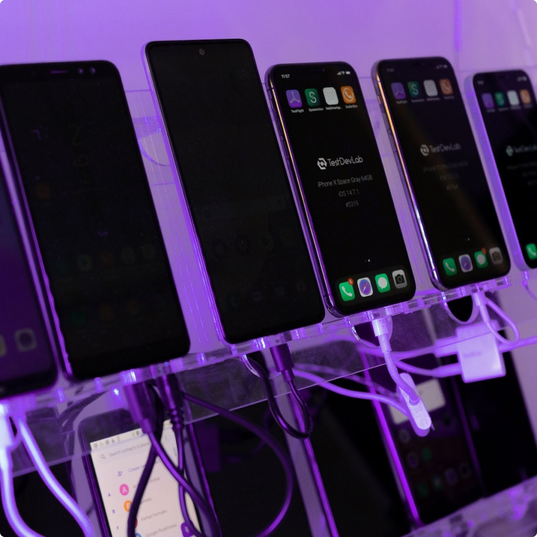 Multiple mobile devices used for test automation.
