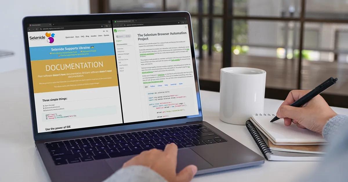 Laptop screen showing Selenide and Selenium side by side