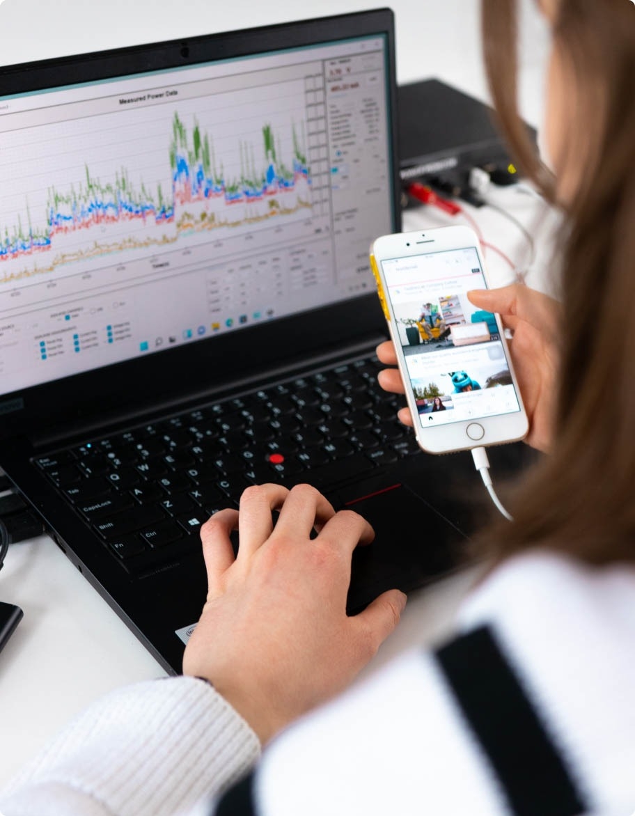 Mobile app testing engineer performing battery & data usage testing.