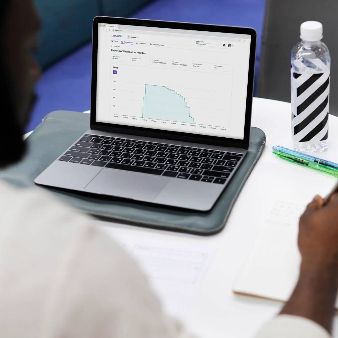 Une personne prenant des notes à un bureau tout en regardant un ordinateur portable affichant un graphique de performance.
