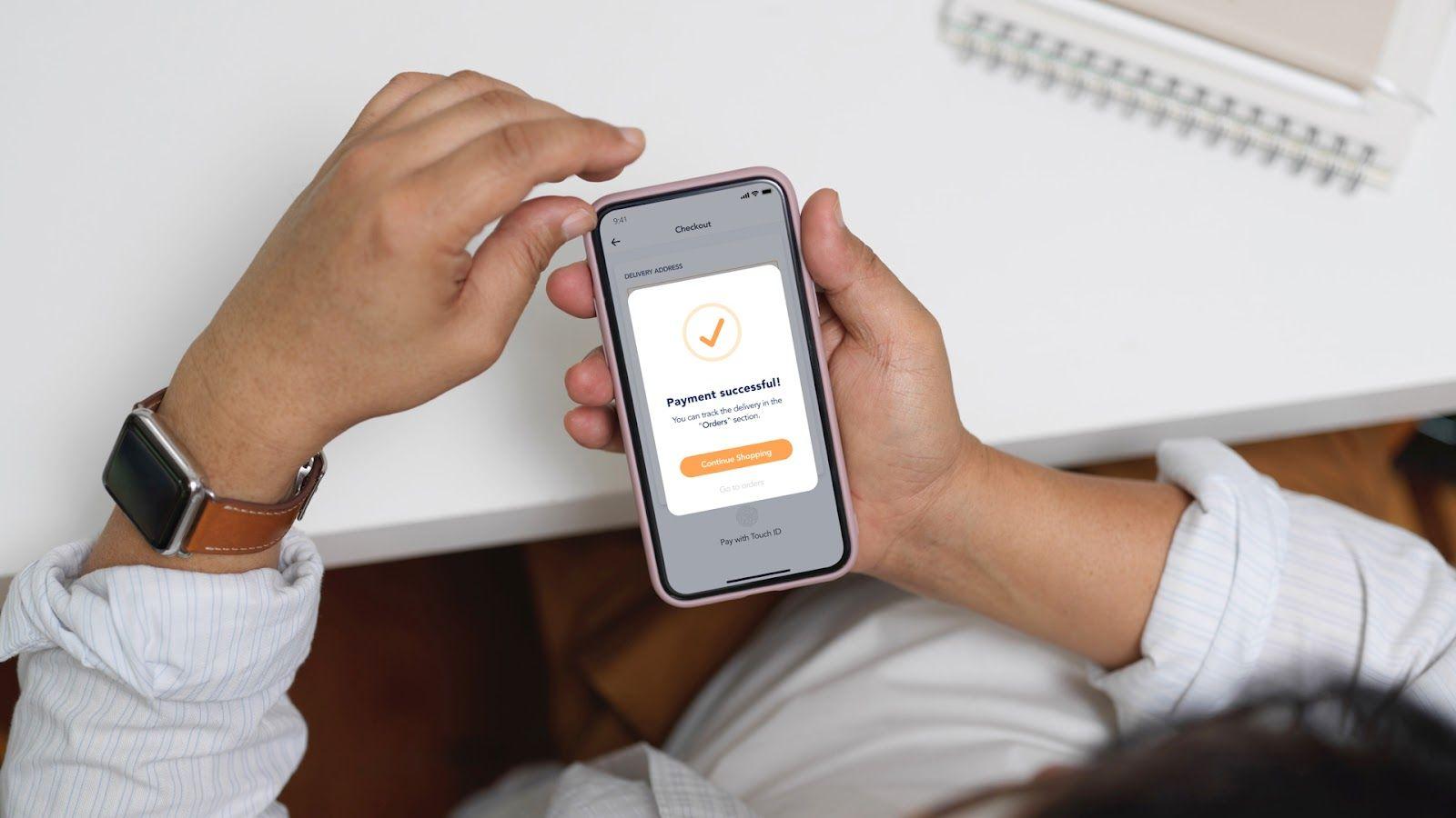 Mobile application showing "Payment successful" message